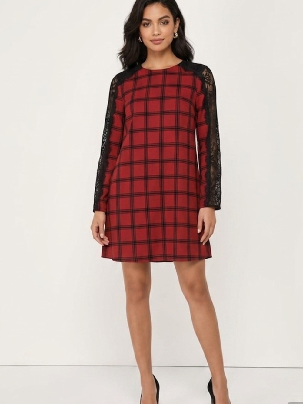 Gianni Bini Red and Black Plaid Long Sleeve Dress with Lace Shoulders